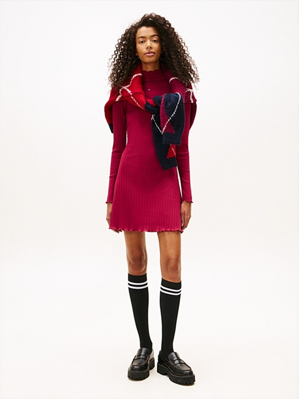 NWOT Tommy Jeans Ribbed Long-Sleeve Mini Dress in Deep Red